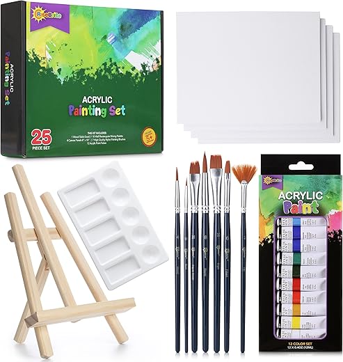 RISEBRITE Acrylic Paint Set with Canvas – 25Pcs Painting Kit Includes Mini Easel, Premium Painting Supplies, Brushes, Art Canvases and More | Painting Set for Kids, Beginners, or Budding Artists