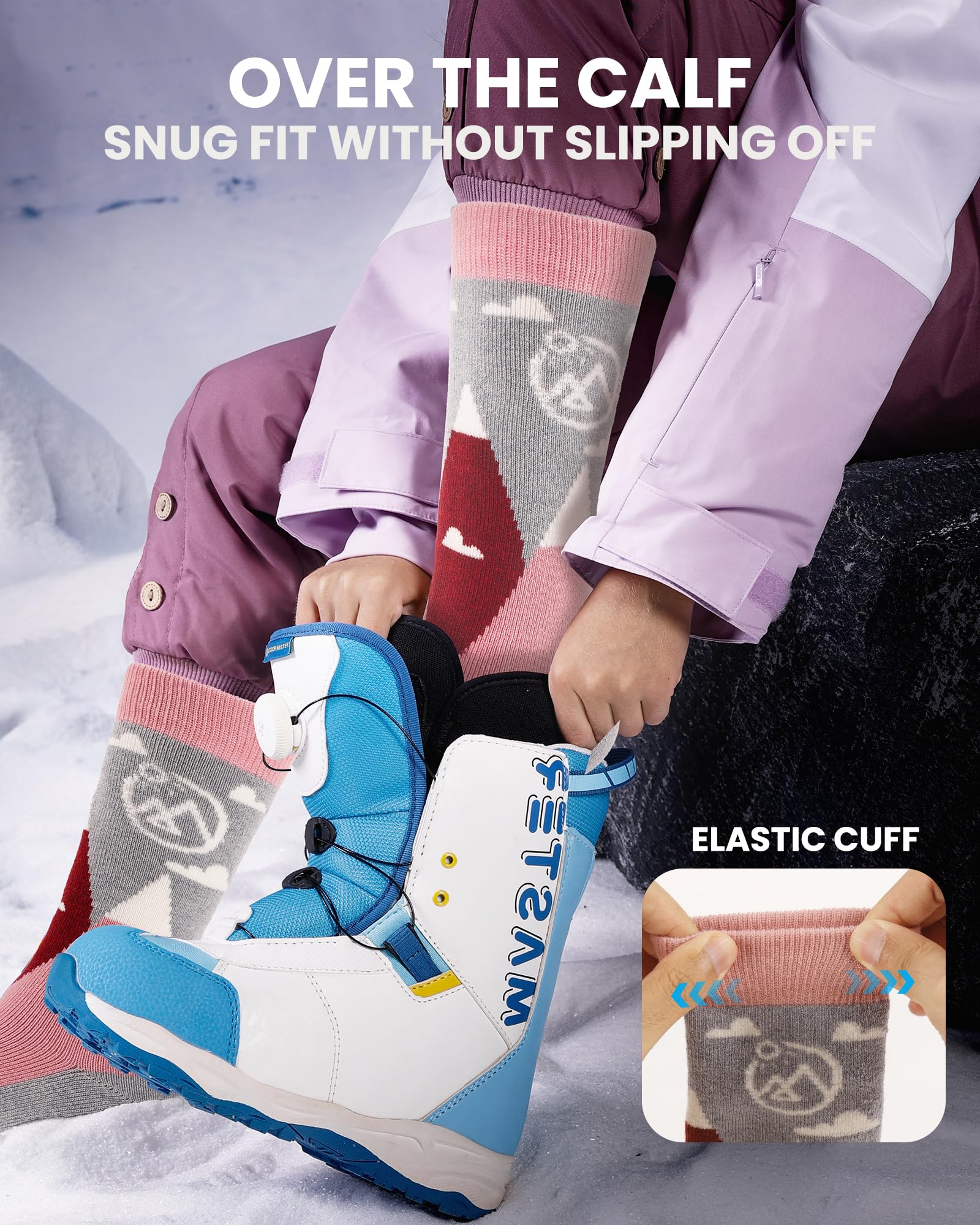 OutdoorMaster 2 Pares Unisex Lana Merino calcetines de Esquí Para Chicos & Niñas, Niño Calcetines Invierno Snowboarding Transpirables para Deportes al Aire Libre con Diseño OTC/Puño Antideslizante