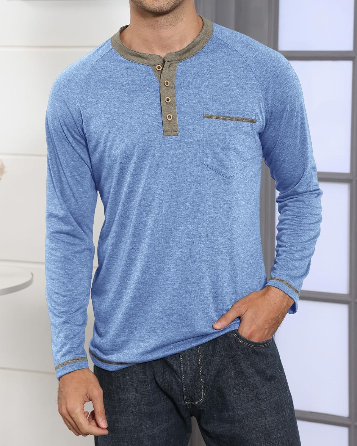 Angbater Mens Long Sleeve Henley T Shirts Casual Lightweight Basic Button Tee Shirts with Pocket - Image 3