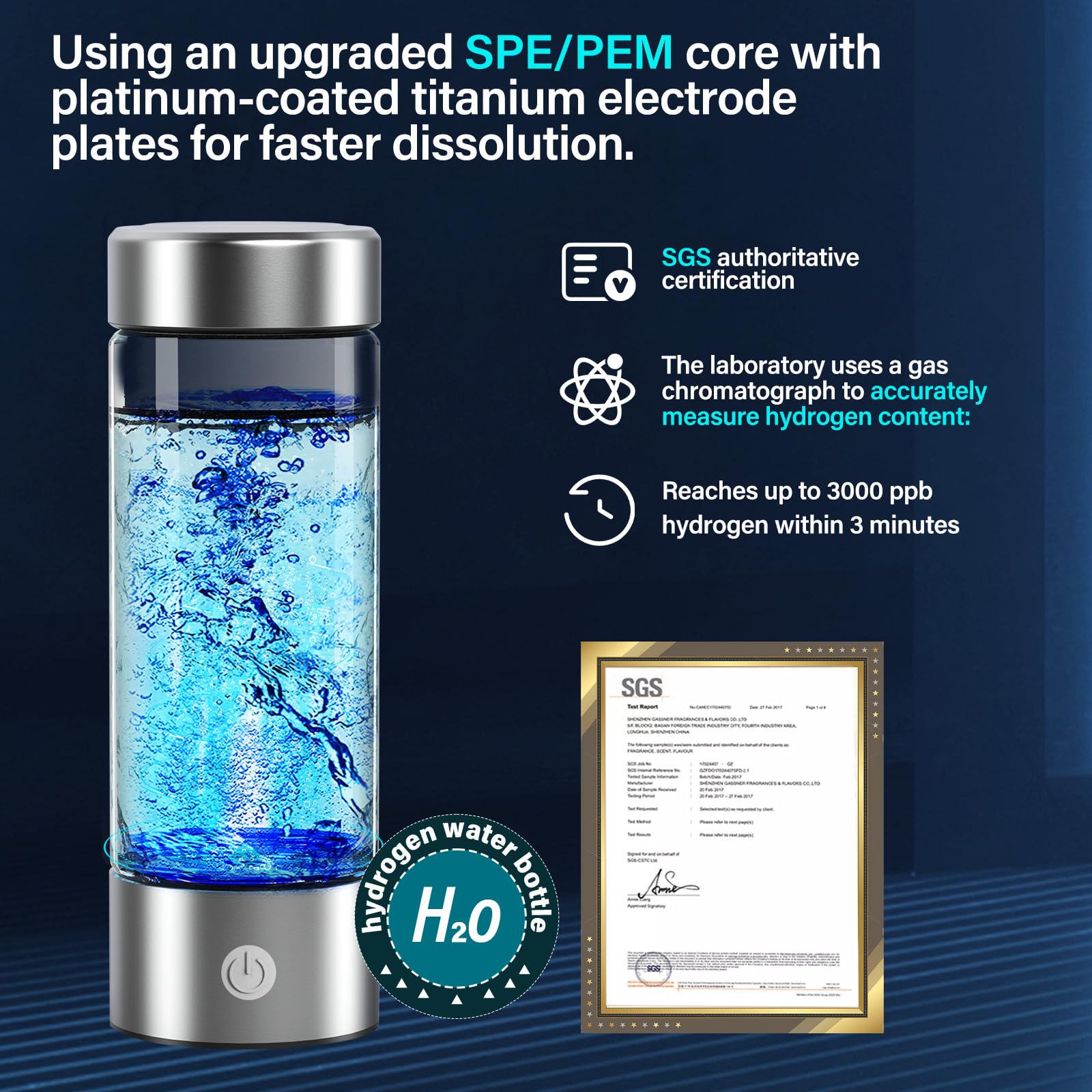 14 oz Portable Hydrogen Water Bottle Generator with PEM-SPE Technology, USB Rechargeable Hydrogen Water Ionizer Cup, Produces up to 3000 ppb Hydrogen in 3 Minutes for Home, Gym, Office & Travel