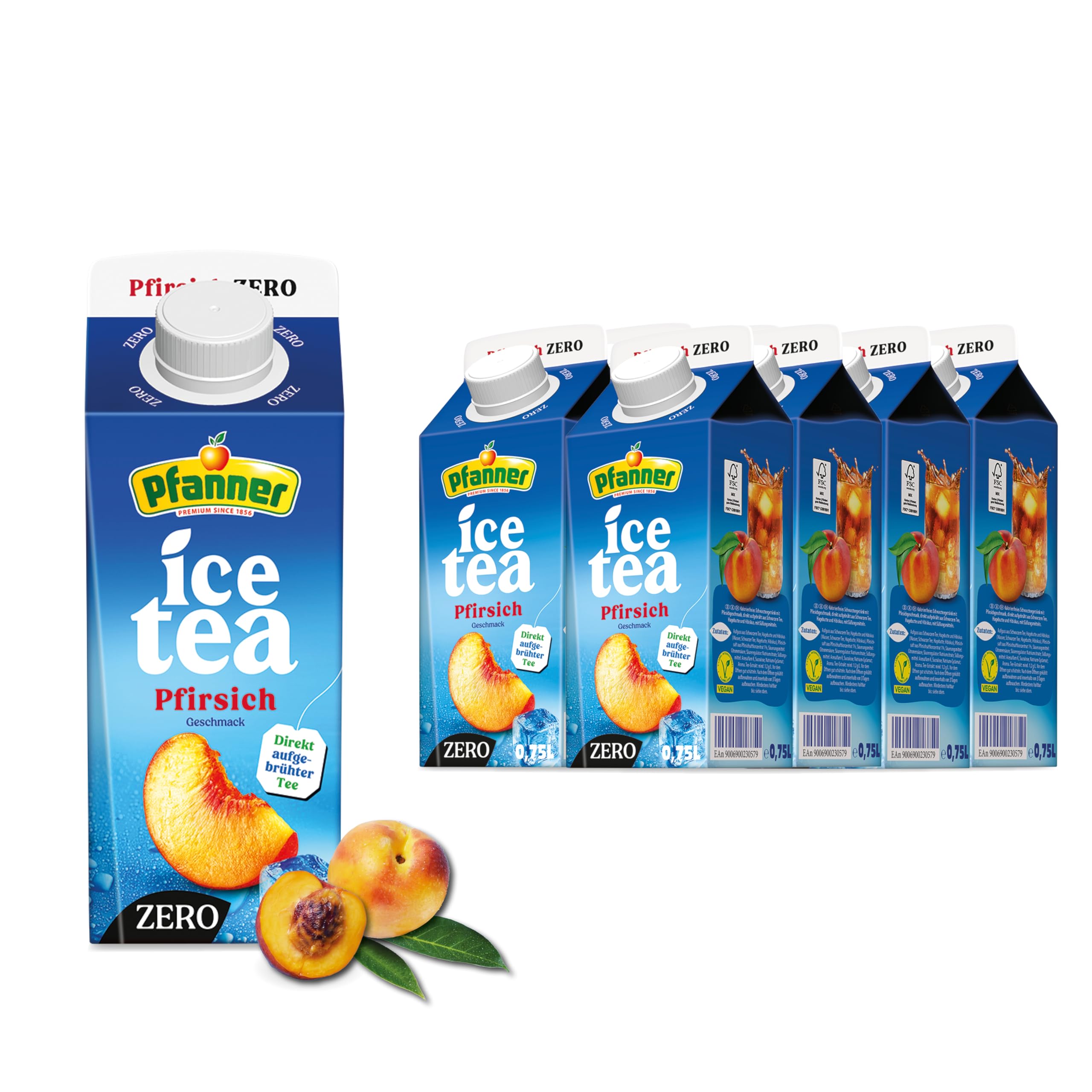 Pfanner Eistee Pfirsich Zero - 8 x 750 ml Vorratspack - direkt aufgebrühter Schwarztee mit Pfirsichsaft – Ice Tea Karton ohne Zucker