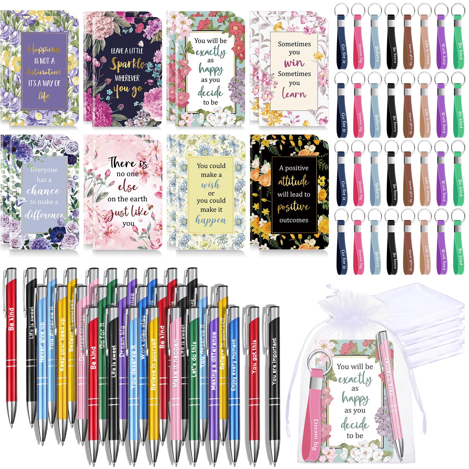 Pajean 128 Pcs Inspirational Gifts Bulk Motivational Notebooks Journal Ballpoint Pens Positive Keychains Organza Bags for Students Teachers Employee School Office Prizes Favors Supplies(Floral)