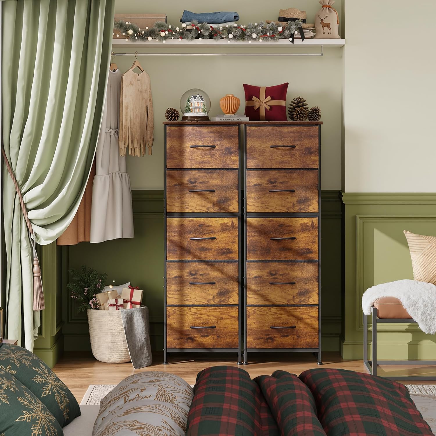 WLIVE Fabric Dresser for Bedroom, 5-Drawer Tall Dressers, Storage Organizer with Fabric Bins, Wood Top, Sturdy Steel Frame, Chest of Drawers for Closet, Hallway, Rustic Brown Wood Grain Print - Image 2