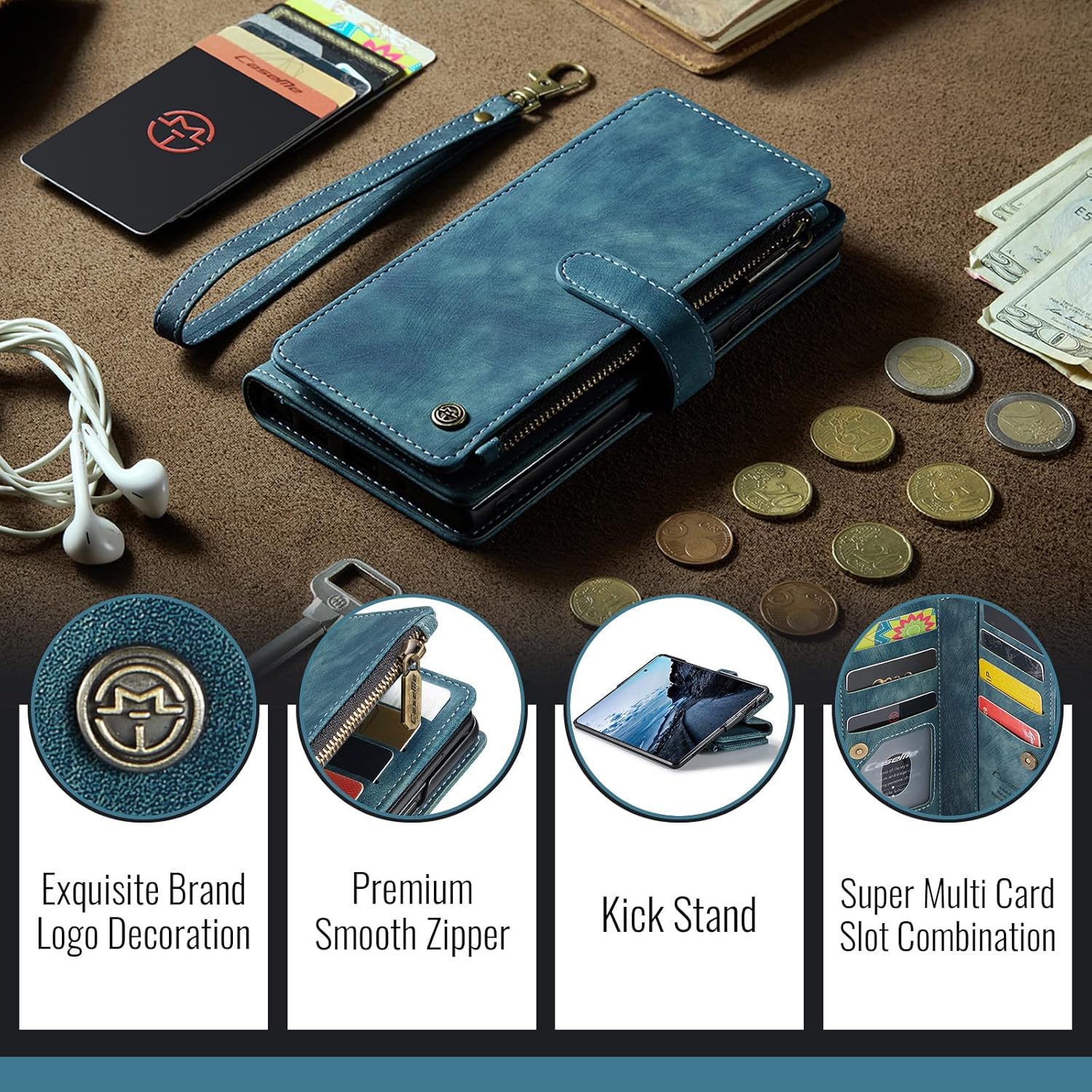 Samsung Galaxy Z Fold 7 Wallet Case with Card Holder Kickstand Magnetic Zipper Pocket Lanyard Strap Wristlet,Leather Flip Case Wallet for Galaxy Z Fold 7 (Blue)