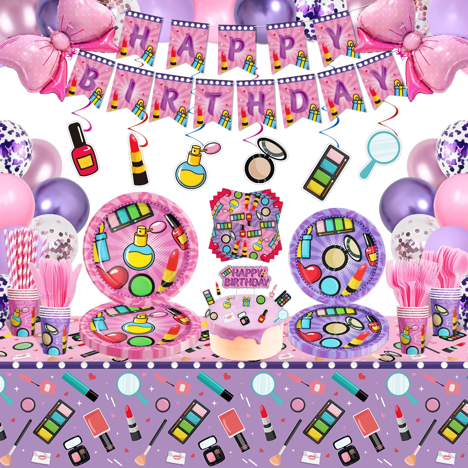 237 Pcs Spa Party Decoration Makeup Birthday Party Supplies Makeup Party Tableware Paper Dinnerware Makeup Theme Favors for Princess Sweet Make up Birthday Party Decoration Baby Shower Serves 20