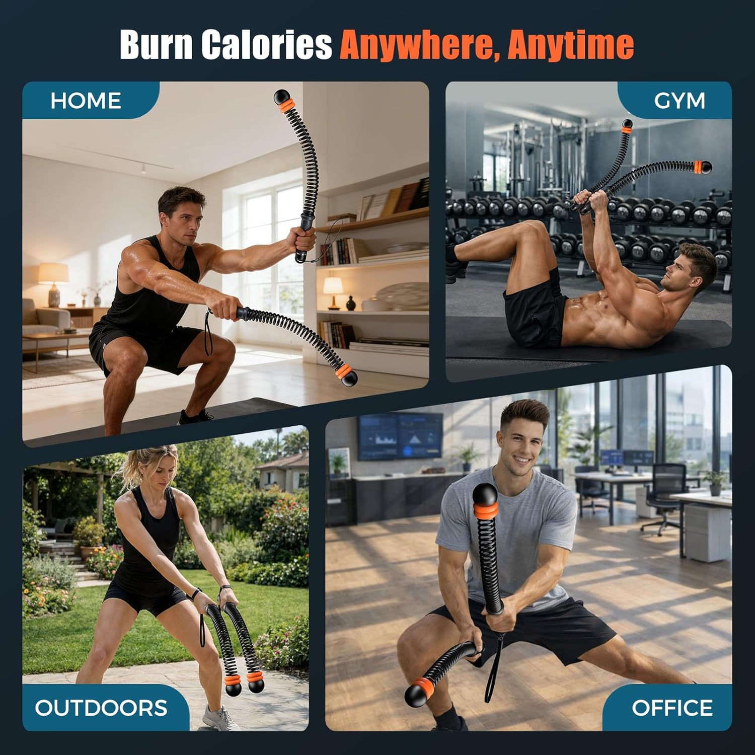 Cordless Battle Ropes with Adjustable Resistance Springs - Weighted Ropeless Battle Rope for Home Gym Exercise, Portable Workout Equipment for Strength Training & Cardio Fitness Orange& Black