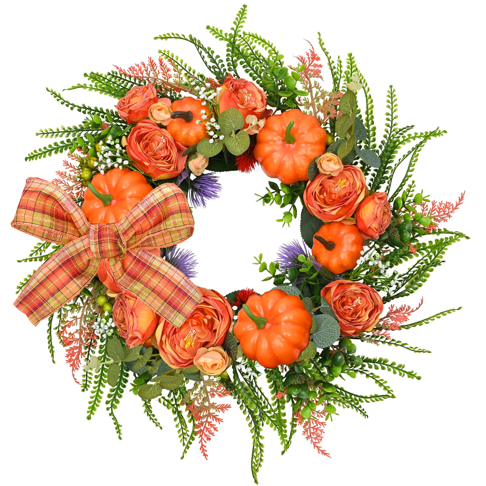 Yastouay Fall Peony and Pumpkin Wreath for Front Door, 18 Inch Fall Door Wreath Outdoor Fall Wreath, Autumn Fall Eucalyptus Wreath for Home Thanksgiving Halloween Farmhouse Wall Window Festival