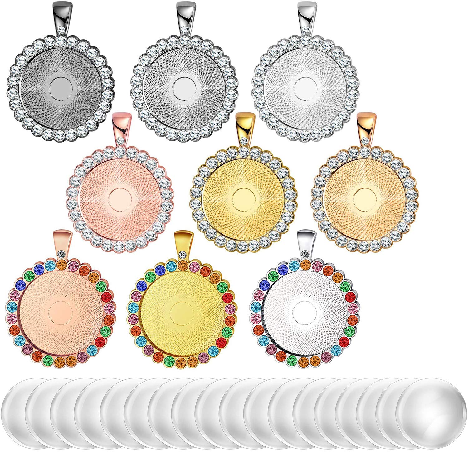 36 Pieces Rhinestone Bezel Pendant Trays Set, Includes 18 Pieces 25 mm Round Bezel Trays Blank Pendant Bases with 18 Transparent Glass Cabochons for DIY Resin Jewelry Craft Photo Pendant, 9 Colors