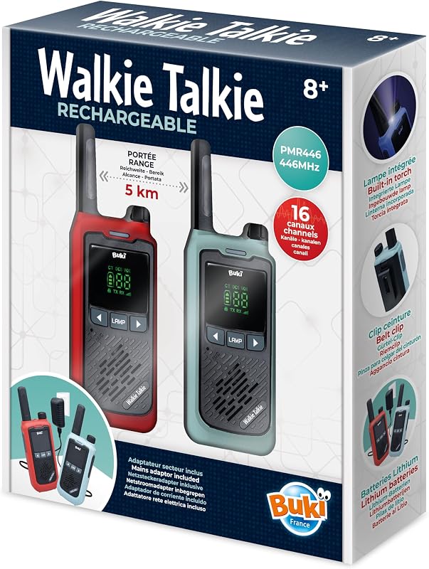 Set stații radio walkie-talkie BUKI France TW05 - rază de acțiune 5 km, 16 canale, baterie reîncărcabilă cu litiu, încărcător dublu, lanternă, clips de prindere la curea, 2 bucăți