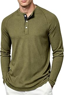 GOFULY Mens Henley Long Sleeve Button Down All-Season Waffle Knit Tee