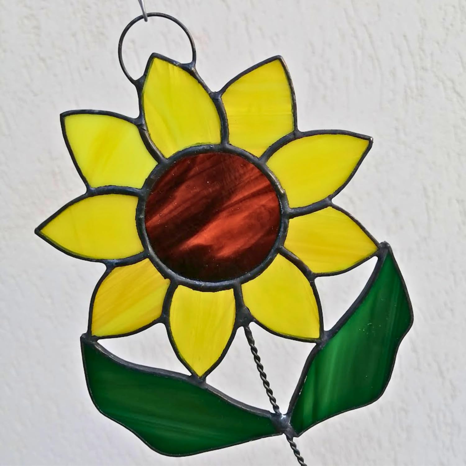 Sunflower on Stem with Leaves Stained Glass Suncatcher Window Hanging or Wall Decor, Unique Boho Yellow Flower Ornament, Handcrafted Botanical Art Decoration Home Office Dorm, Floral Sun Catcher