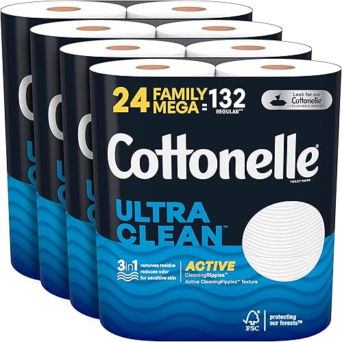 Cottonelle Ultra CleanCare - Papel higiénico suave con Active Cleaning Ripples 24 megarrollos familiares papel de baño resistente  24 megarrollos