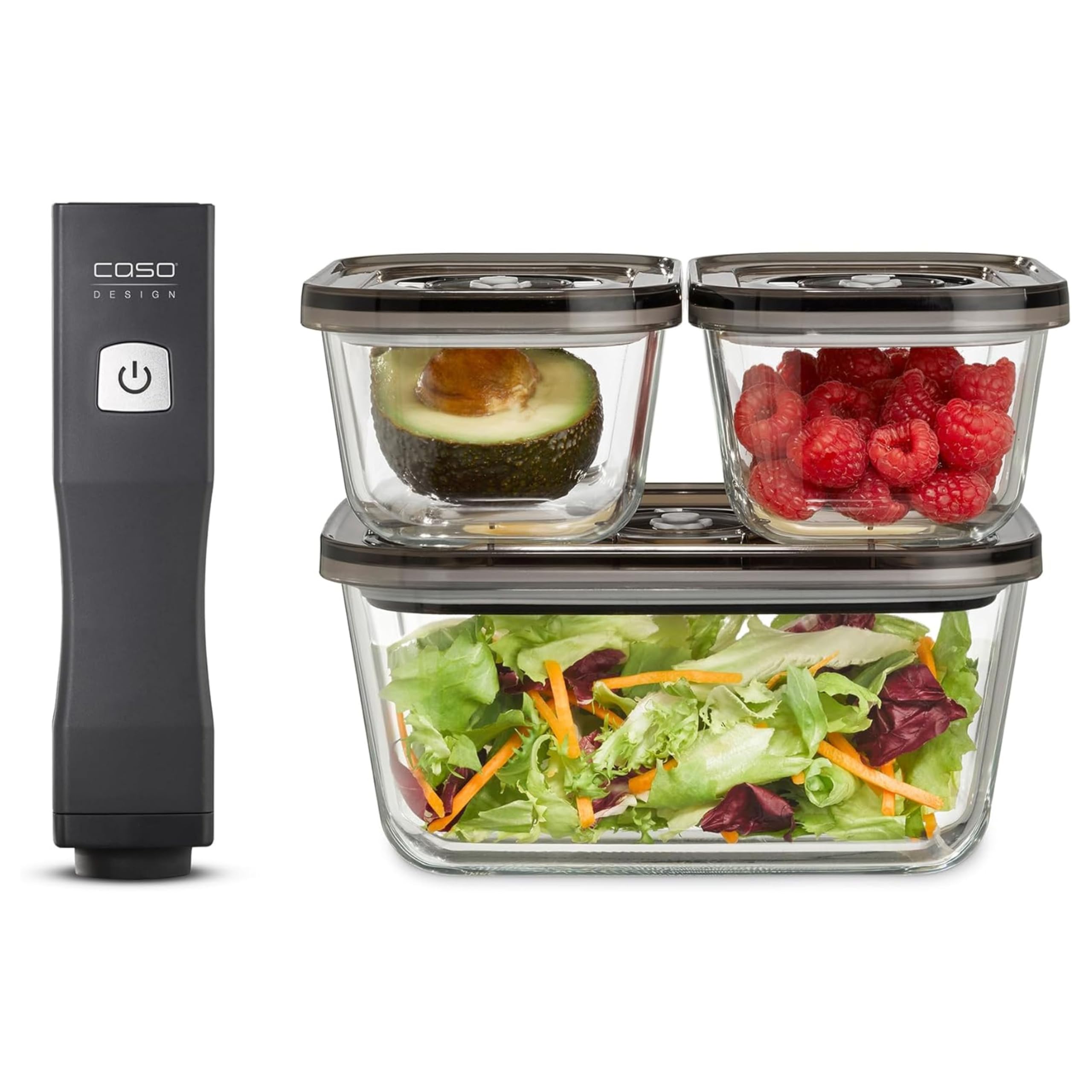 CASO Vacu OneTouch Eco-Set - Aspirador manual al vacío de Alimentos incluye 3 recipientes de vidrio y 10 bolsas ZIP - con hasta 150 minutos de autonomía - Envasadora al vacío doméstica - negro