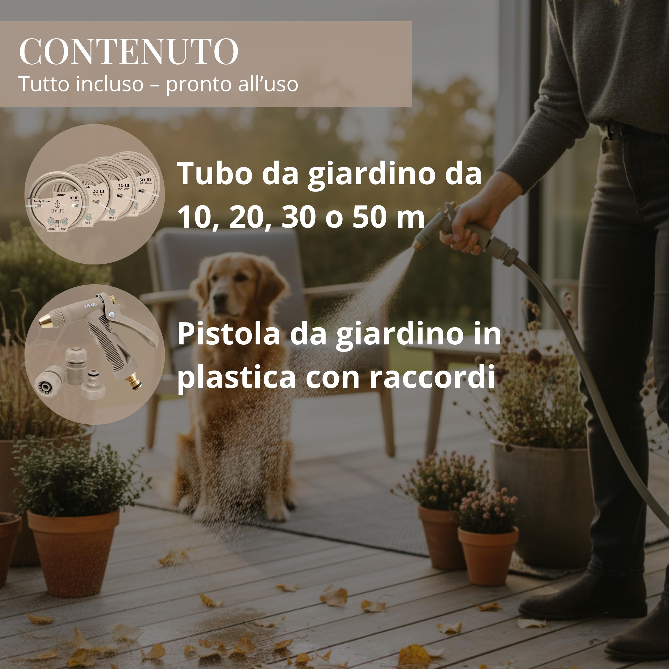 LIVLIG Set tubo 50 m 1/2" – tubo anti‑piegatura e UV con pistola e raccordi (G3/4, stop 1/2, rapido) – Beige