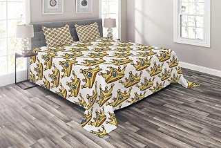 Lunarable Queen Coverlet, Medieval Crowns with Blue Ornamental Stones Pattern Coronation Ceremony Design, 3 Piece Decorative Quilted Bedspread Set with 2 Pillow Shams, Queen Size, Royal Blue Yellow