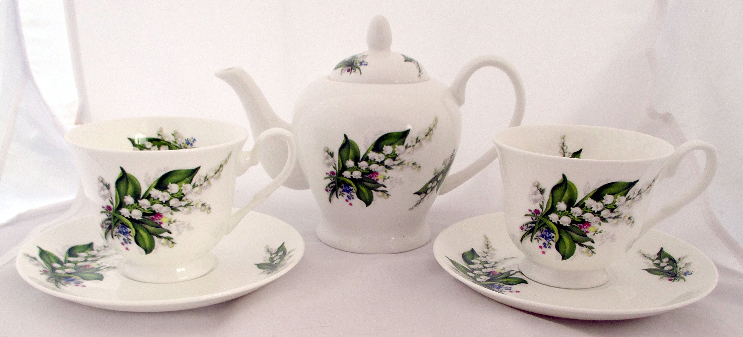 Lily of The Valley Tea Set for Two Fine Bone China Hand Decorated in The UK Lilies Tea Set 1 Teapot 2 Cups & 2 Saucer Free UK Delivery
