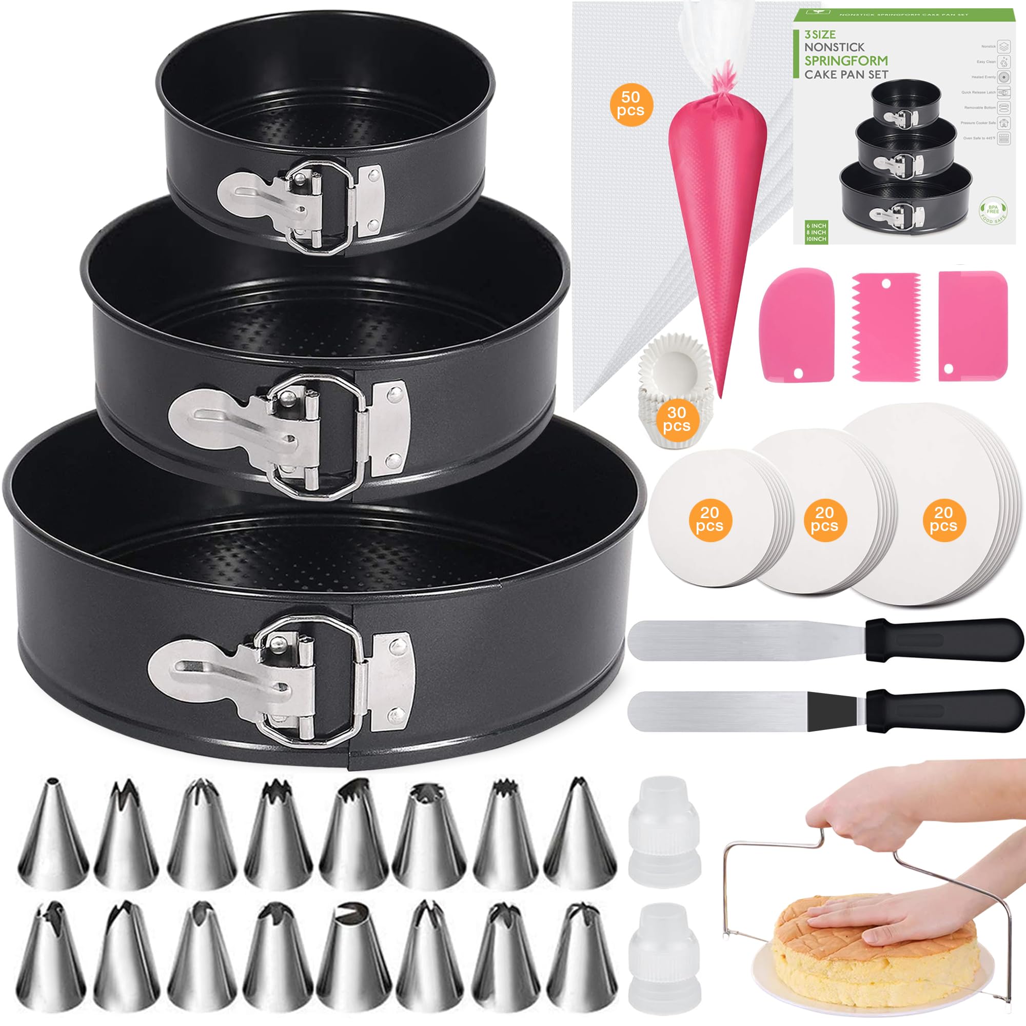 167Pcs Springform Pan Set, Nonstick Leakproof Round Cake Pans Sets Include  6/8/10 Inch Cheesecake Pan with Removable Bottom and Cake Decorating Kit