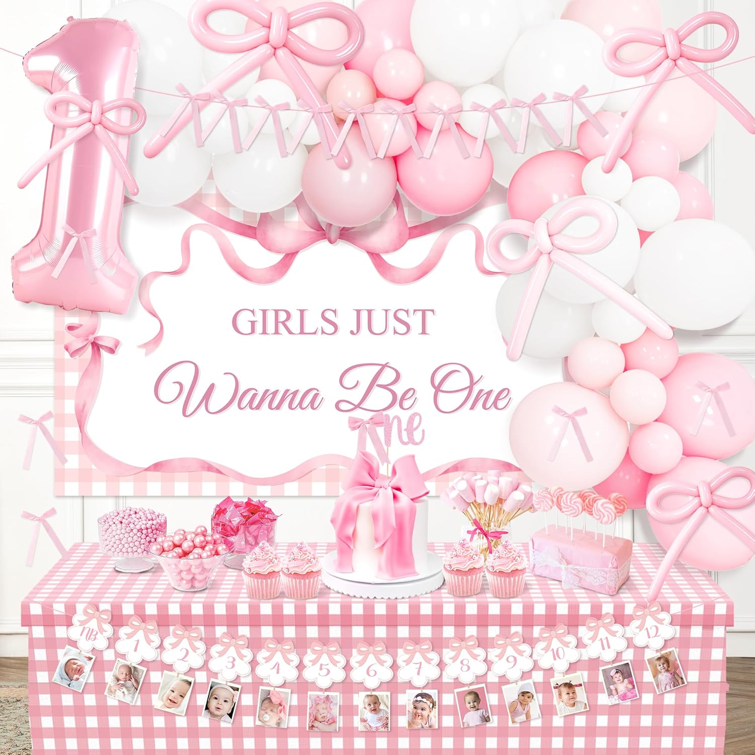 Kriyokiaa Girls Just Wanna Be One birthday Decorations for Girl Coquette First Birthday Decorations with Balloons Arch, Highchair Banner Bow Theme Backdrop, Photo Banner, Cake Topper