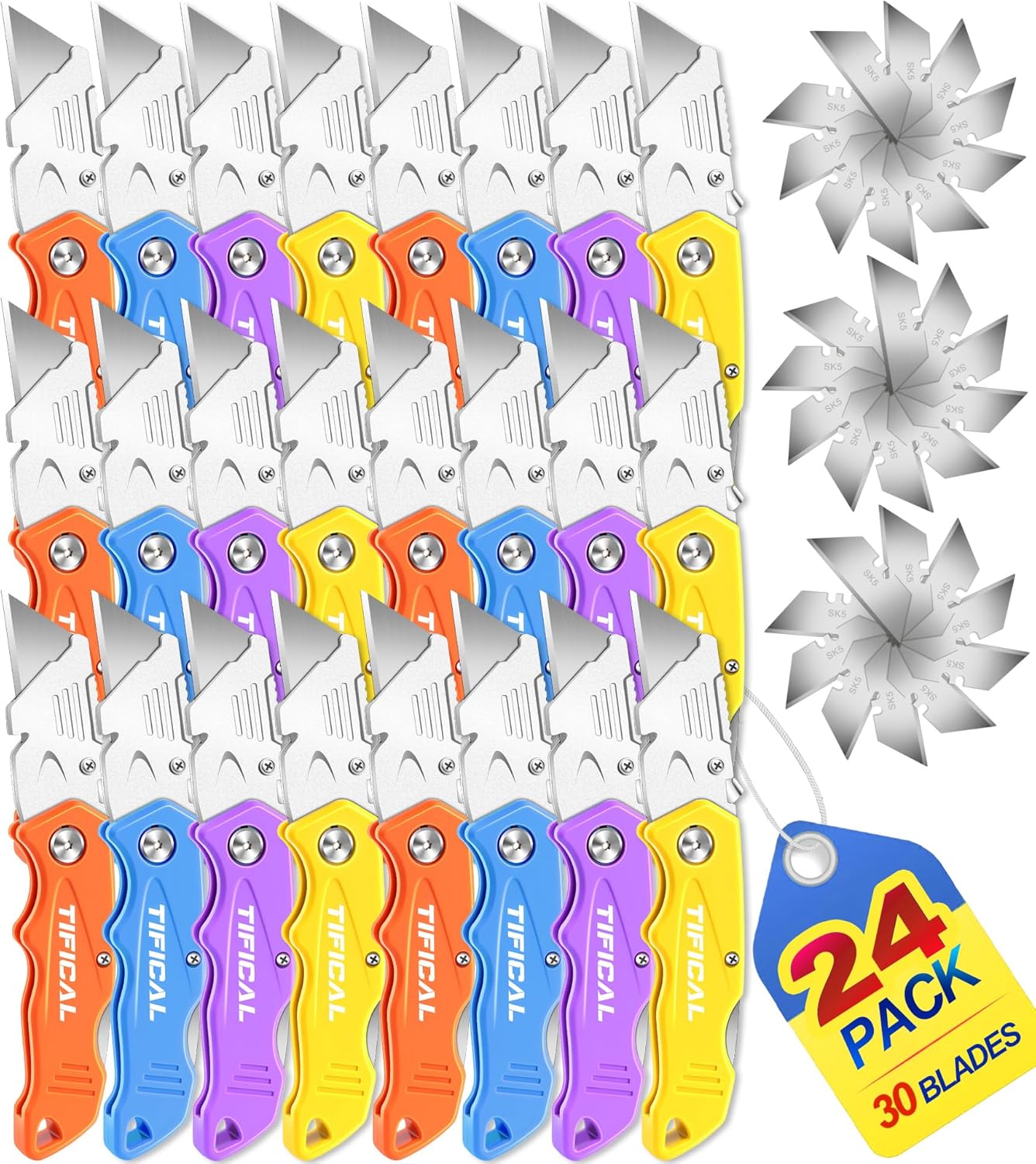 Folding Utility Knife Set, Quick Change Folding Box Cutter with Clip, Extra 30 SK5 Razor Knife Blades, Navajas Para Trabajo, Pocket Utility Knife for Work, Carton, Cardboard, Packages|24PACK