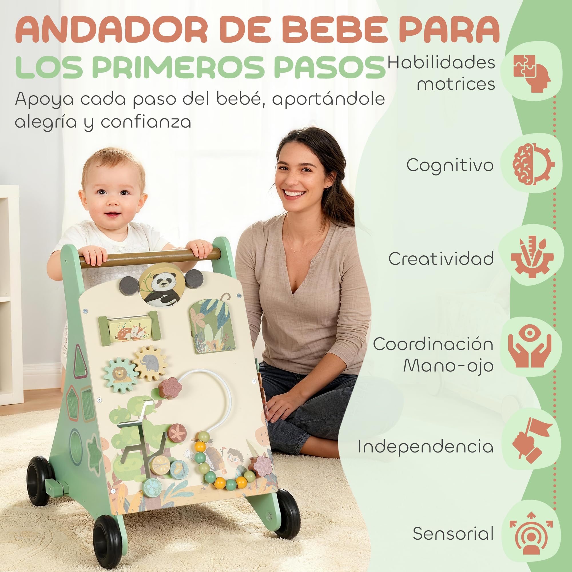 AIYAPLAY Andador Madera Bebé, Juguete de Andador, Centro de Actividades de Aprendizaje Montessori Control de Velocidad, con Xilófono, Engranajes, Laberinto, Cuentas, Para Niños de +18 Meses, Verde