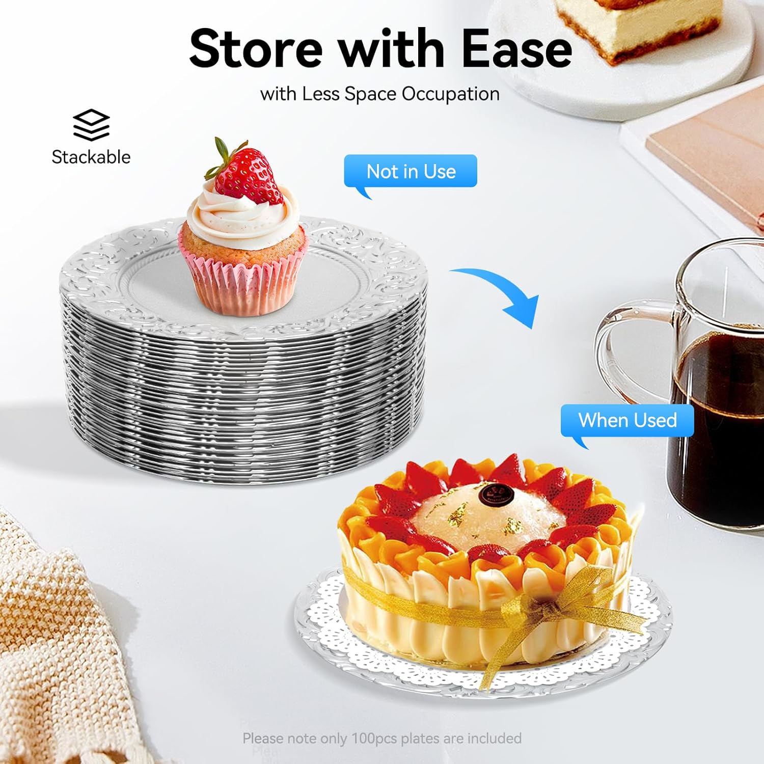 100Pcs Charger Plates Bulk 13'' Embossed Rim Round Floral Plates for Dinner Wedding Party Event Table Setting Decoration (Silver)