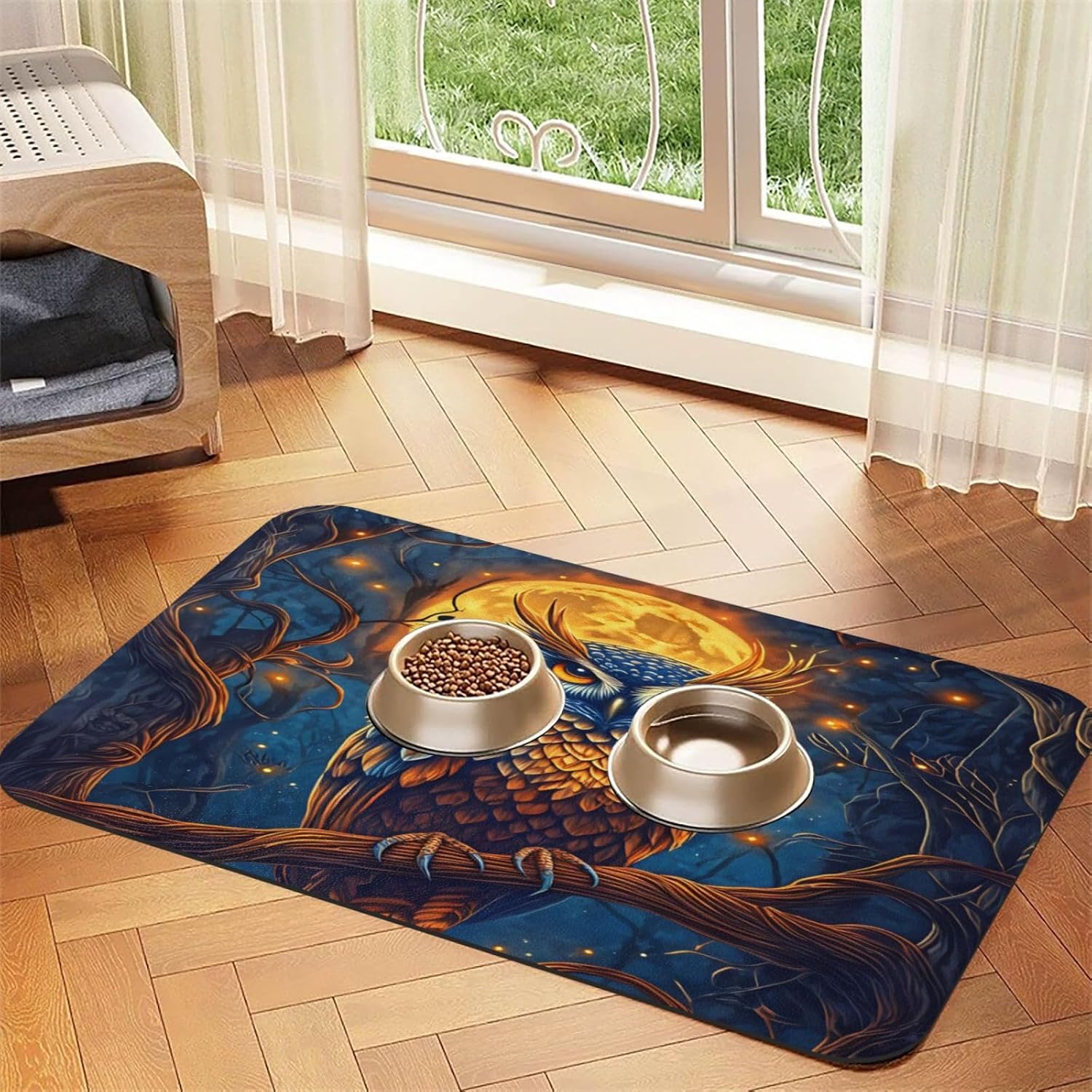 Owl Dog Food Mat, Leather Pet Feeding Mat, Cat Mat for Food, Absorbent Pet Placemat for Indoor Outdoor Water Bowl 40x60cm