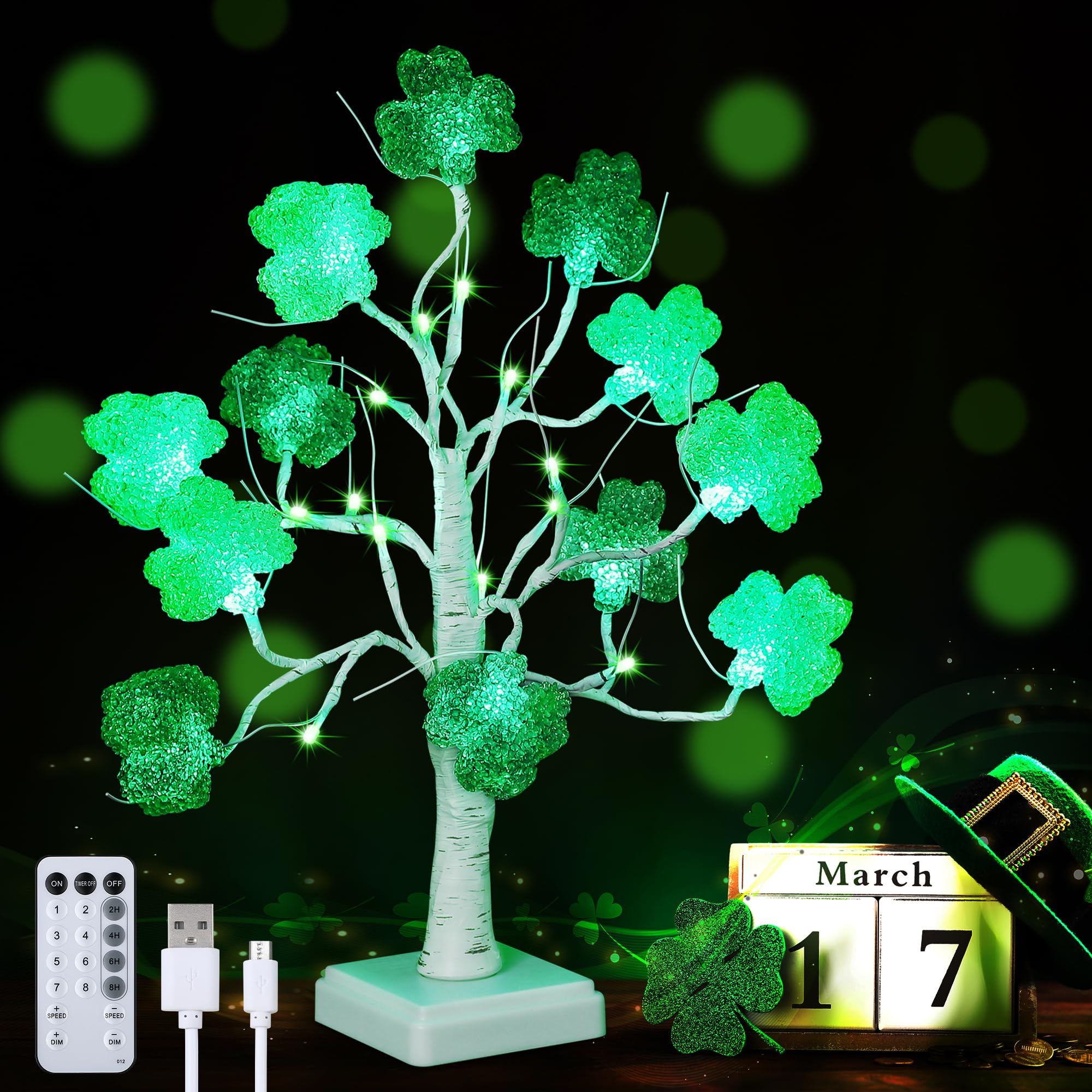 18 Inch St. Patrick's Day Tree Lights 24 LED 12 Lighted Irish Shamrock Birch Tree Lamp with 8 Modes Remote Control, Battery and USB Operated Clover Tree Light for Table Home Party Feast(Multi Green)