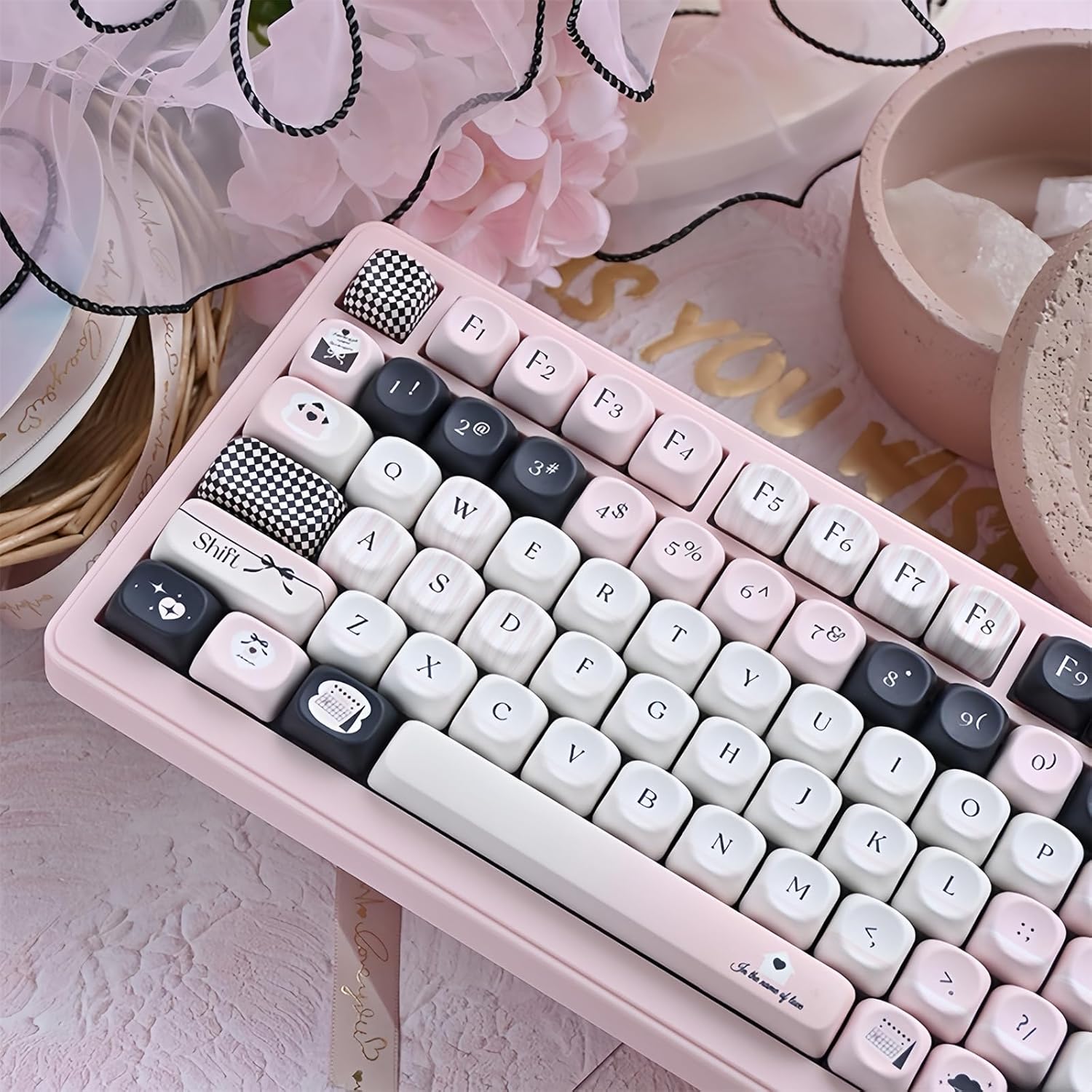 MOA Profile Cute Keycaps,PBT Dye-Sub Kawaii Pink and Black Keycaps Custom Full Size Keycap Set for Cherry MX Switch ANSI Layout 75% 60% Mechanical Gaming Keyboard Creamy Keycap (118Keys)