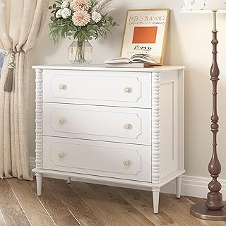 3 Drawer Dresser, 32 inch Wide Dresser for Bedroom, Modern Wood Chest of Drawers, Turned Legs Nightstand with 3 Drawers for Dorms, Hallway, Entryway (White)