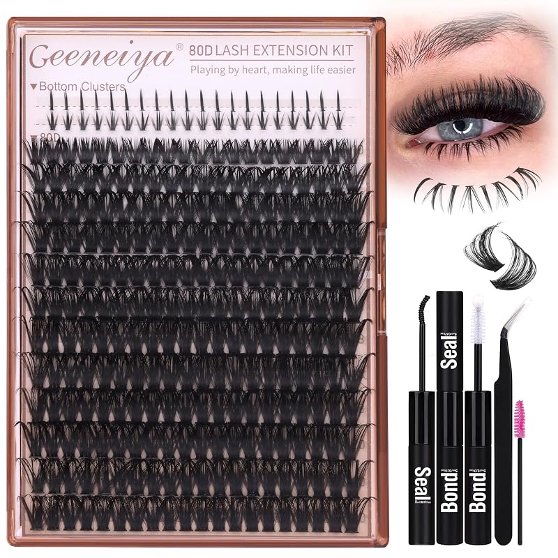 Kit Geeneiya de cílios postiços em tufos, curvatura D, 10–20 mm, com adesivo, selante e aplicador
