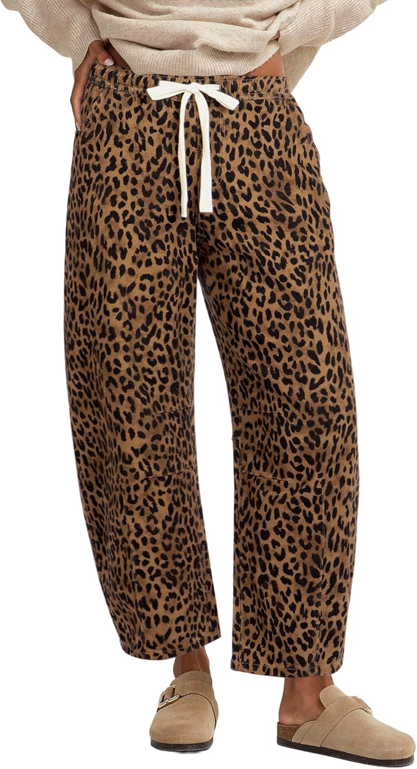 GRAPENT Barrel Jeans for Women Trendy High Waisted Pull On Wide Leg Cropped Leopard Cheetah Print Stretchy Denim Pants