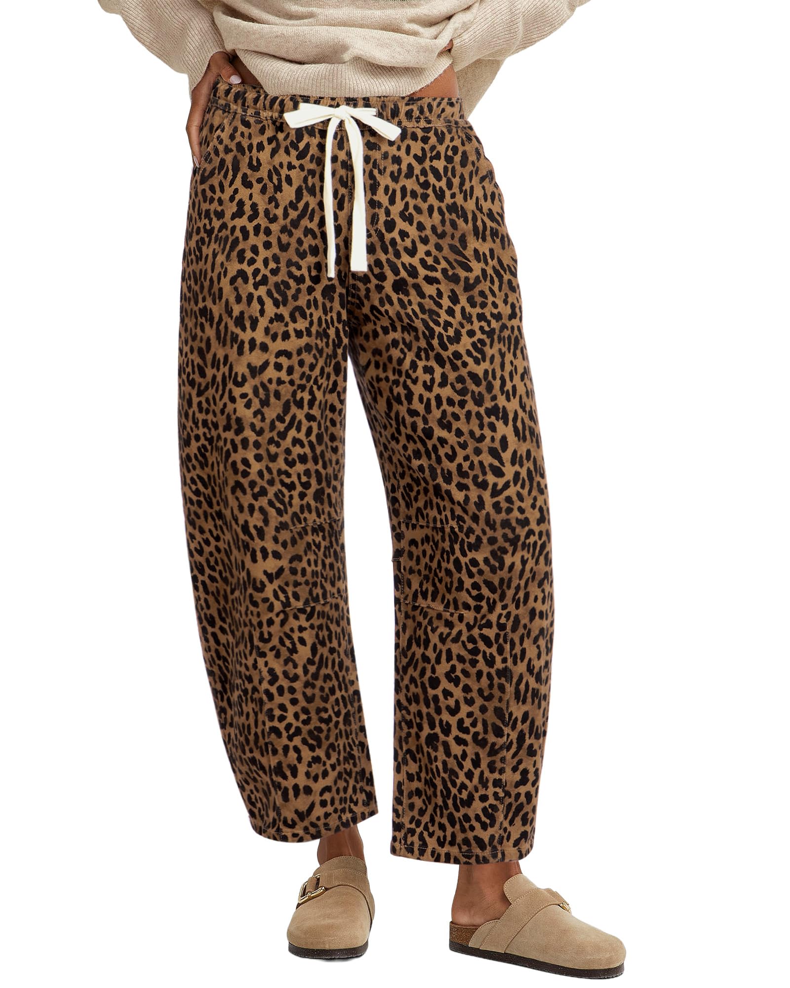 GRAPENT Barrel Jeans for Women Trendy High Waisted Pull On Wide Leg Cropped Leopard Cheetah Print Stretchy Denim