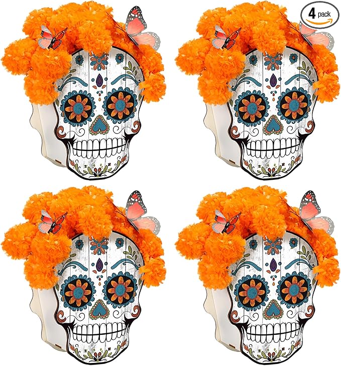 Amyhill 4 Pcs Day of The Dead Decor Sugar Skull Table Decor Day of The Dead Wooden Centerpieces Tabletop Marigolds Vase Party Favor for Eye Catching Dia De Los Muertos Party Decorations