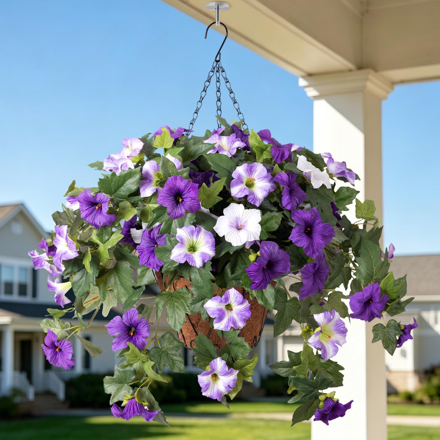 Artificial Hanging Fake Flowers with Basket Plants for Outdoor Decoration, Faux Silk Flower UV Resistant Morning Glory for Home Porch Patio Garden Balcony Yard Look Real (Purple White)