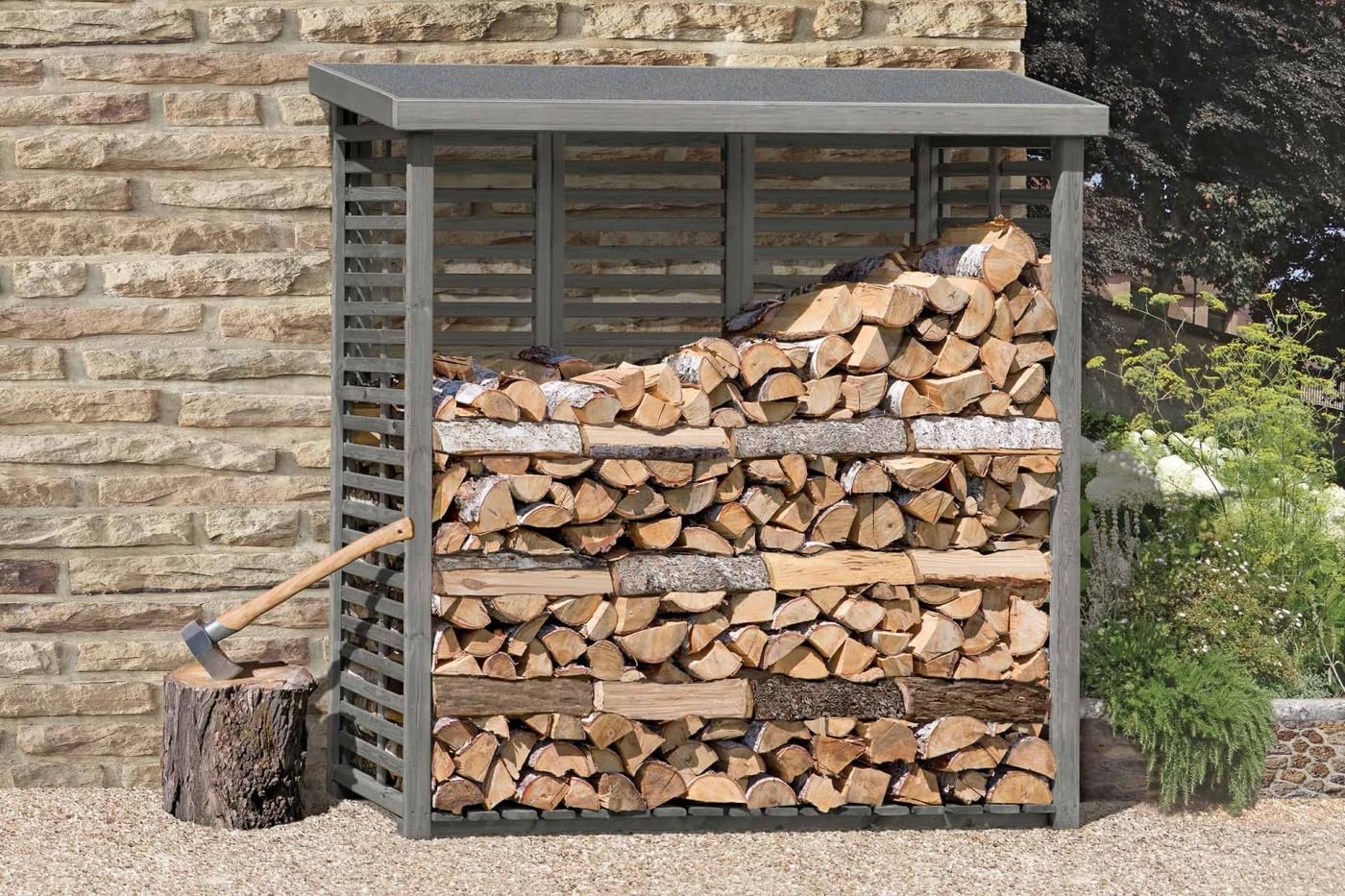 FLAMMO L Kaminholzregal mit Rückwand 208 × 75 × 200 cm, ca. 2 m³ - Holzlager für 2 Reihen Brennholz, wetterfest & stabil