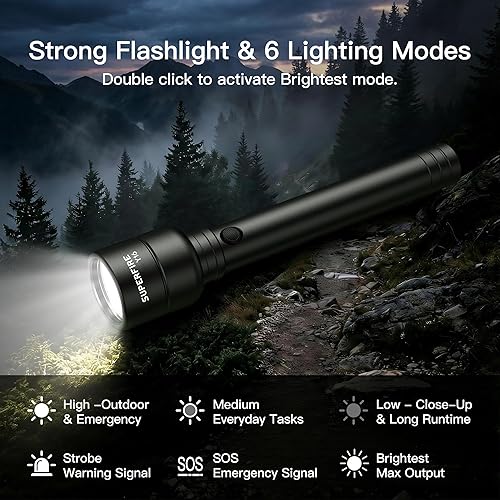 Miniatura 3 de SuperFire Linterna recargable de alto lúmenes de 3000 lúmenes, potente linterna LED con 6 modos, carga USB, IP46 impermeable, indicador de batería