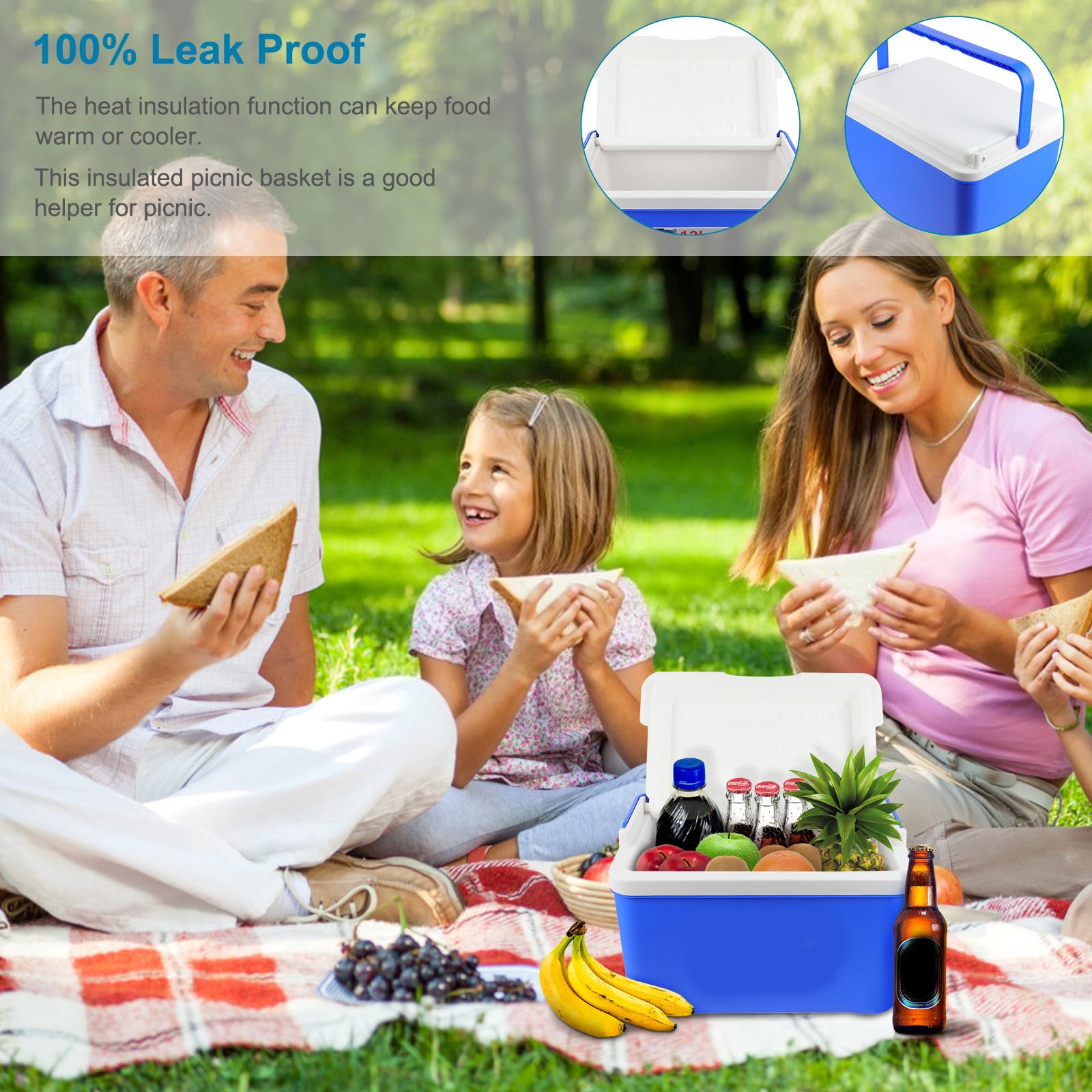 Cesta Térmica Aislada de 12l con Asa, PVC Azul para Picnic