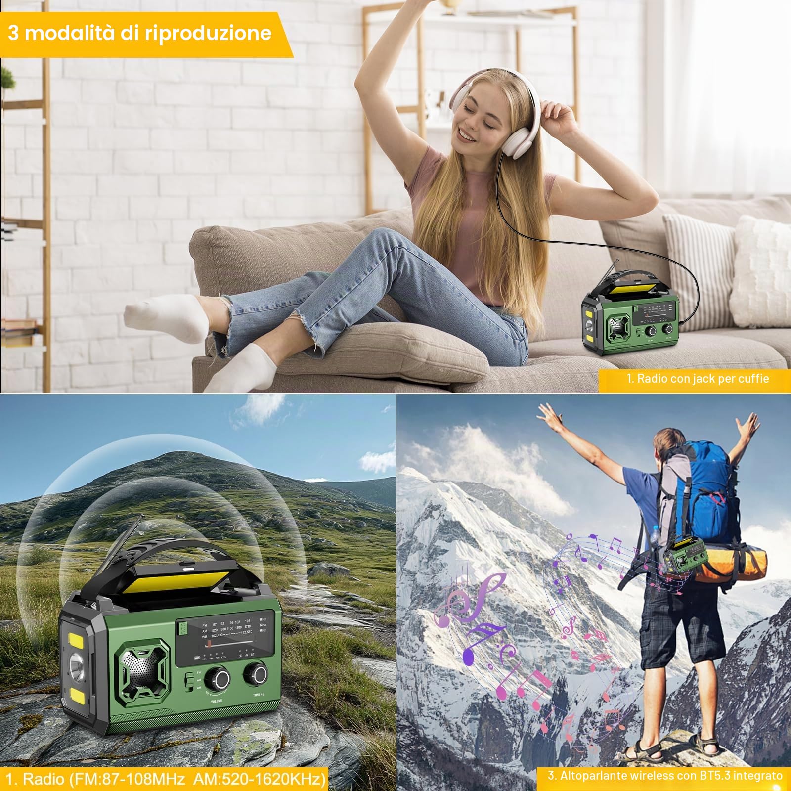 Radio Manovella 27000 mAh AM/FM Portatile Solare Emergenza Bluetooth Power Bank
