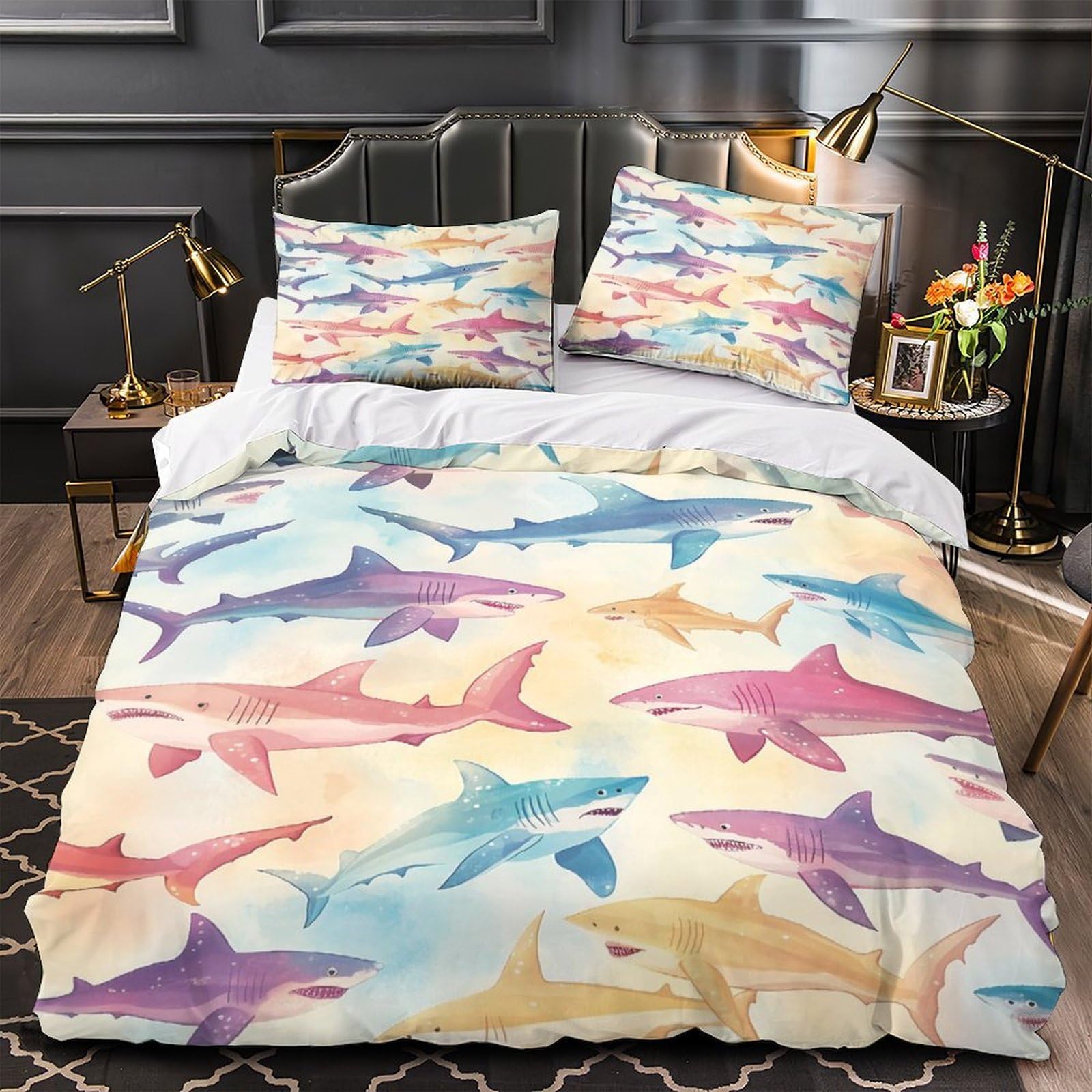 Housse de couette requin 3D imprimée en microfibre douce avec deux taies d'oreiller