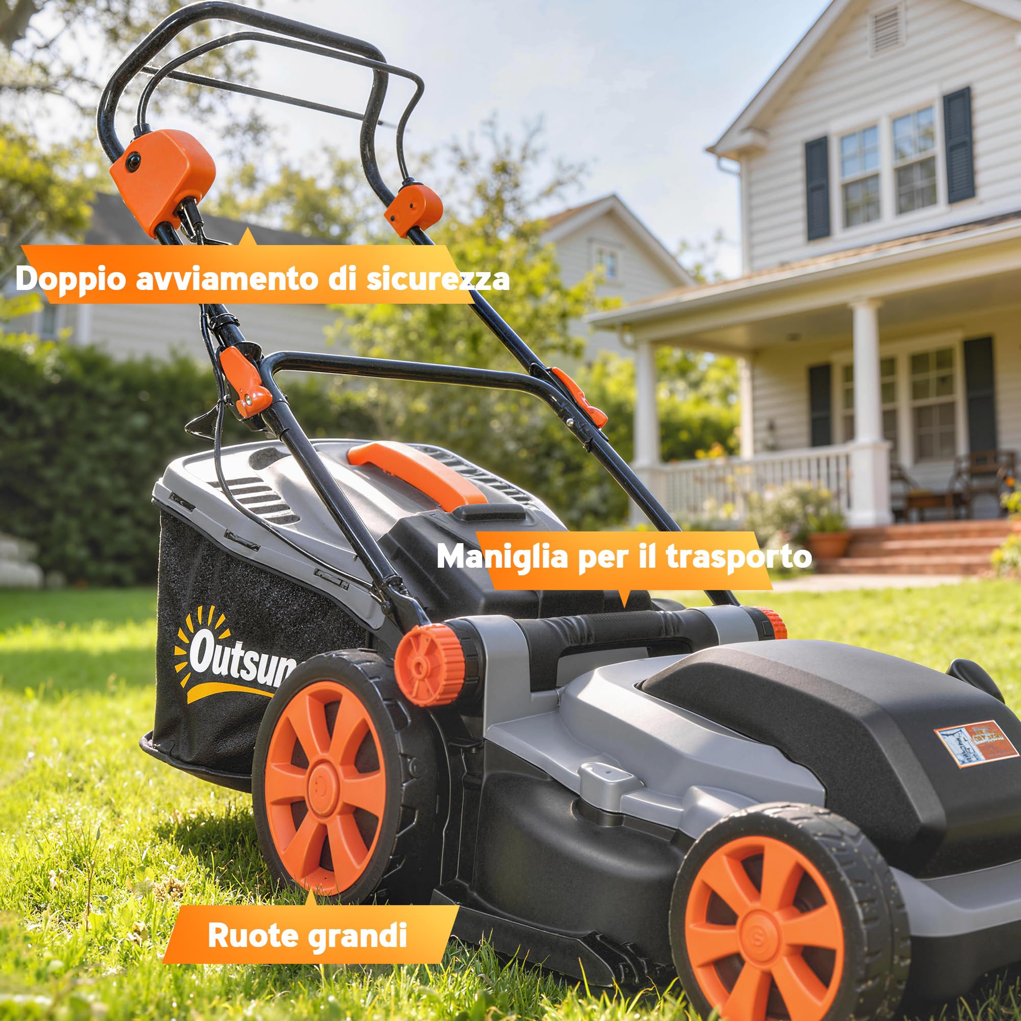 Cortacésped eléctrico Outsunny de 1800 W con anchura de corte de 40 cm, función de mulching y bolsa de 50 l, cortacésped eléctrico con mango desmontable y ajustable, 6 alturas de corte de 25-75 mm,