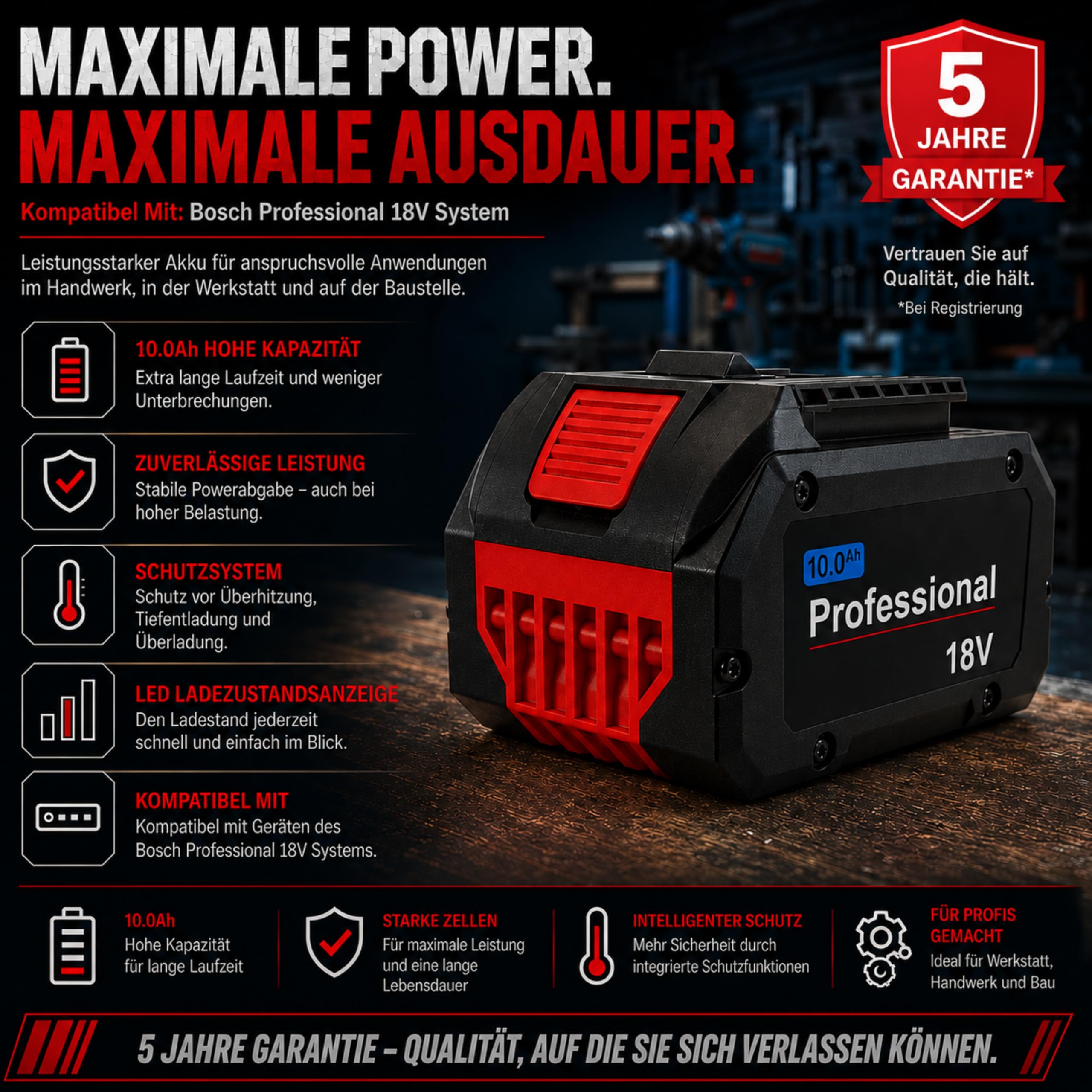 18V 10,0Ah Akku kompatibel mit Bosch Professional 18V System – Li-Ion Hochleistungsakku mit LED-Ladezustandsanzeige – Ersatzakku für 18V Elektrowerkzeuge – Überlade-, Tiefentladungs-, Kurzschluss