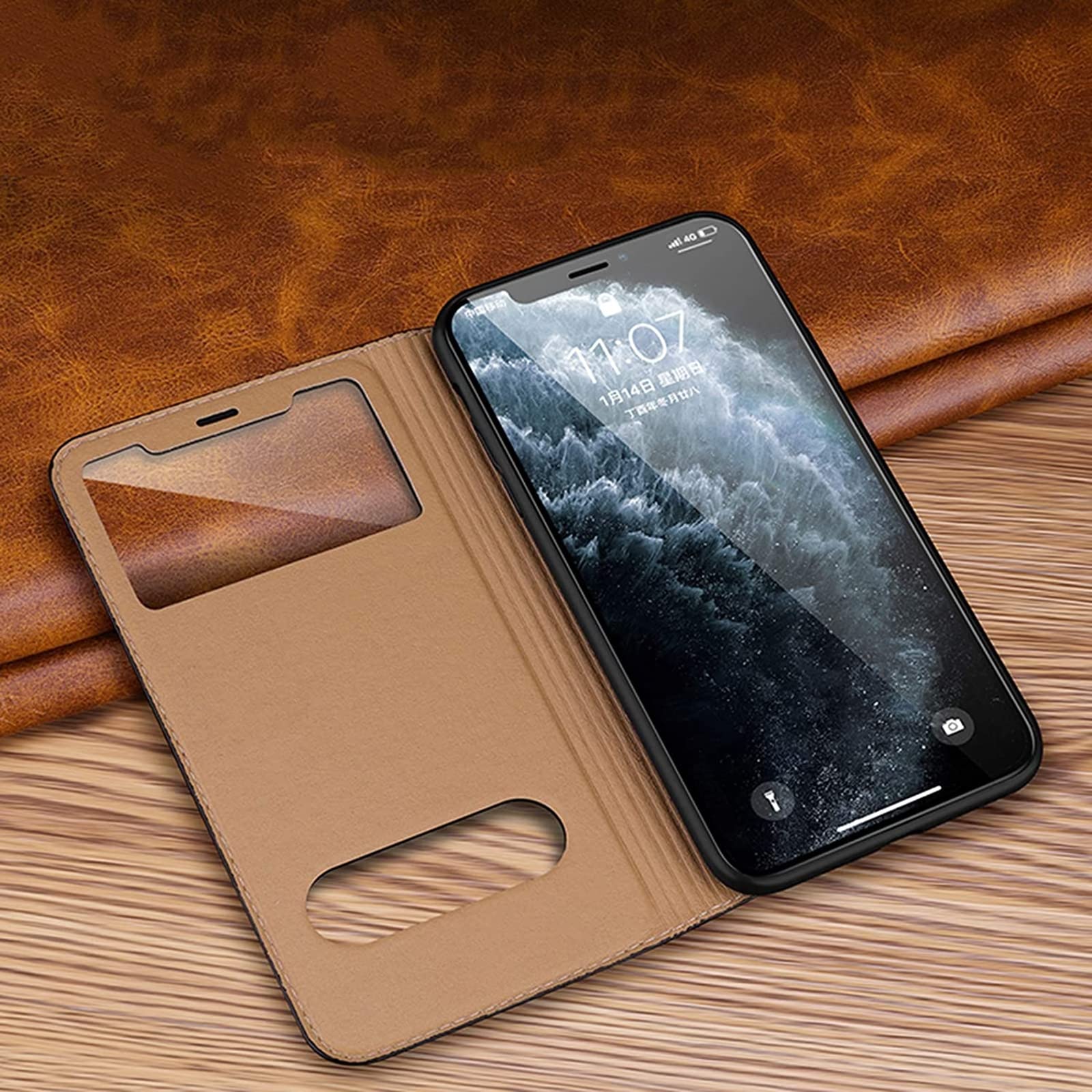 Hülle Kompatibel mit iPhone 13 Mini/13/13 Pro/13 Pro Max, Echt Lederhülle Schutzhülle mit Sichtfenster Magnet Verschluss Klapphülle Handyhülle,Blau,13 Pro Max 6.7"