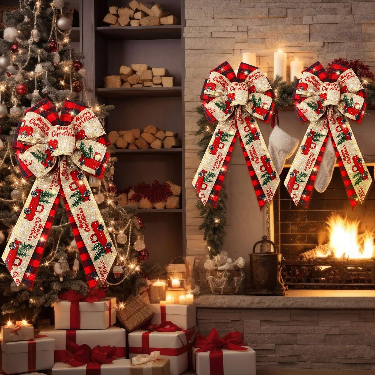 Wavwavw 4 Pcs 10 x 18 Inch Christmas Buffalo Plaid LED Wreath Bow, Burlap Red Black Truck Pattern Lighted Bows, Xmas Tree Topper Ornaments Front Door Wall Stairs Decor for Indoor Outdoor Winter