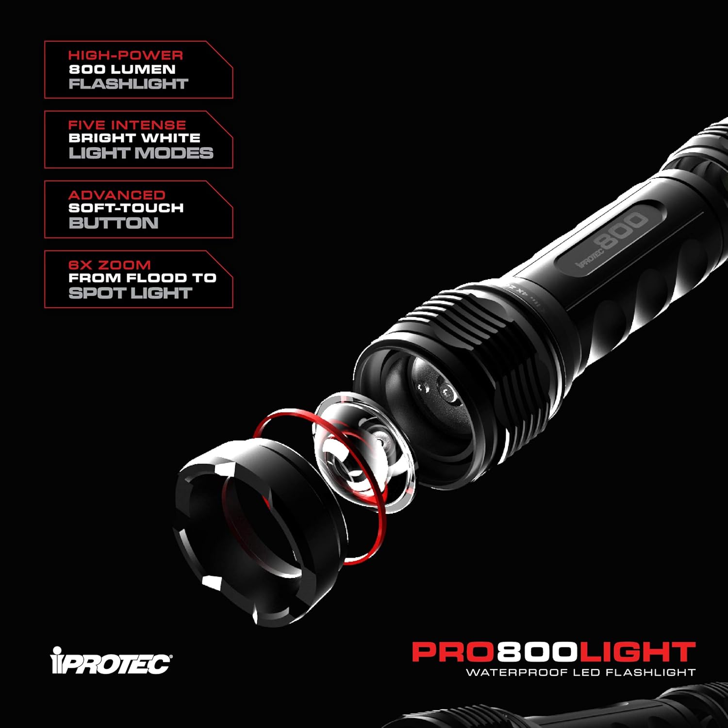 iProtec Outdoorsmen 800 Series Flashlight, Waterproof and Impact Resistant with 320 Meter Beam, 6X Zoom, and Glow-in-The-Dark Rear Button, Black, One-Size : Tools & Home Improvement