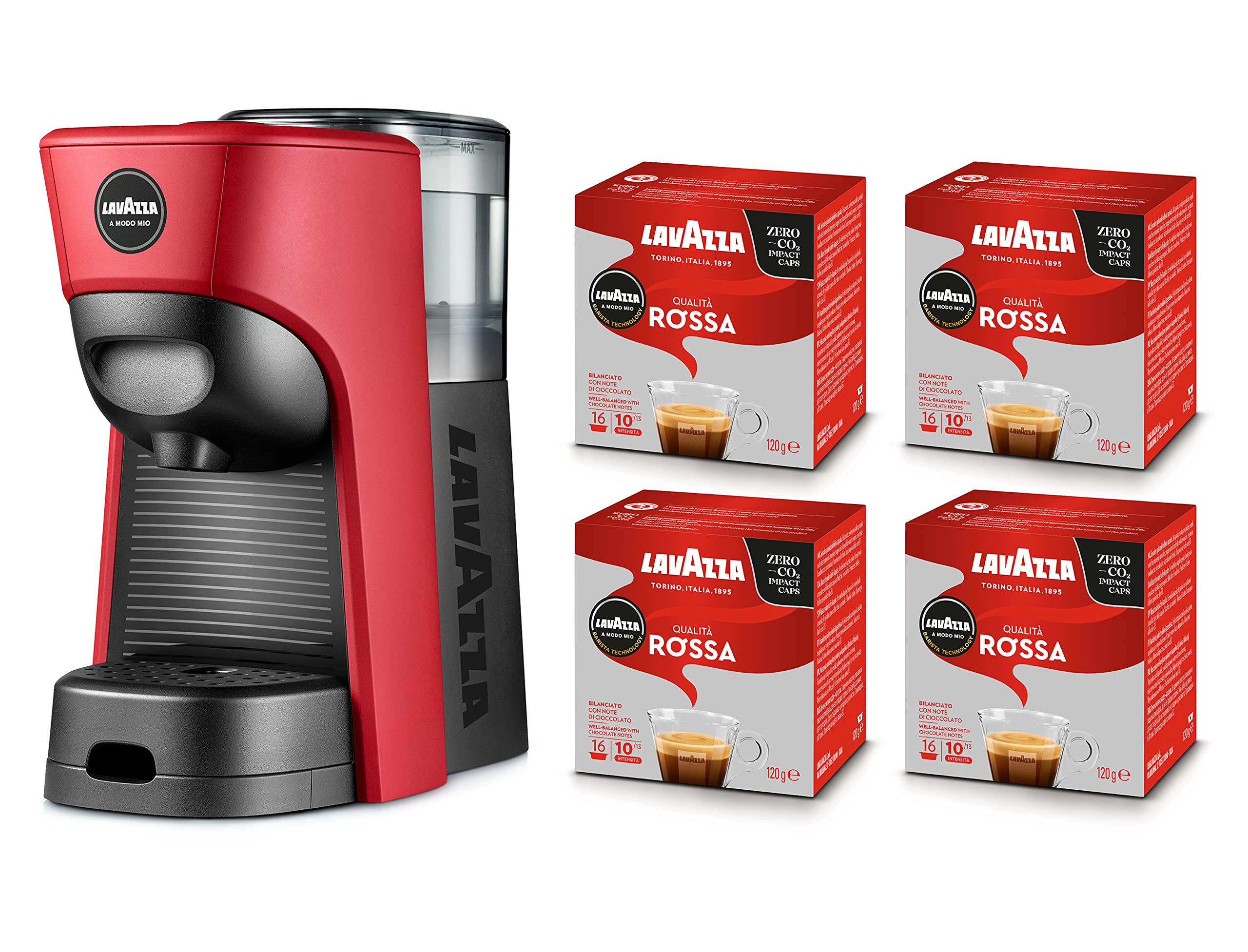 Cafetière Lavazza A Modo Mio Tiny Eco Rouge avec 64 capsules incluses