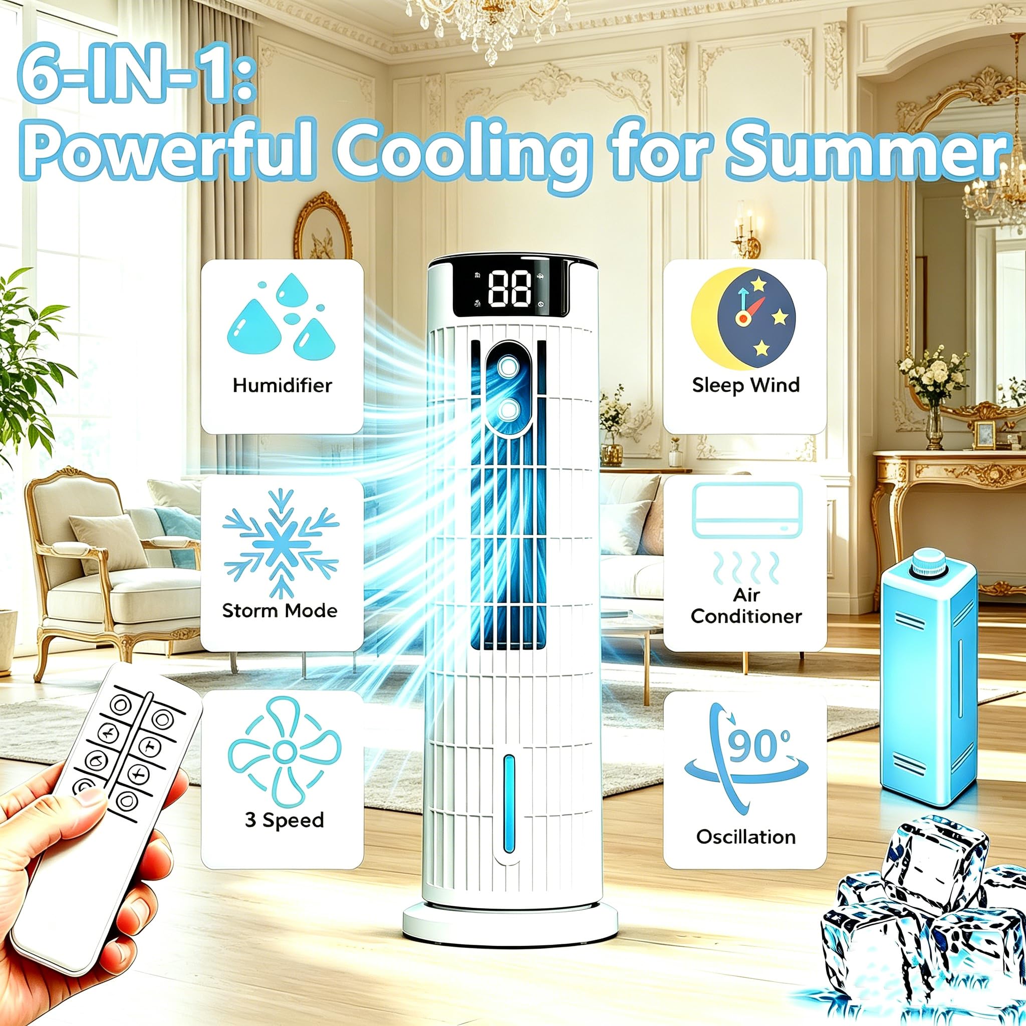 Climatiseur Mobile Silencieux Refroidisseur d'Air,Ultra-élevée,Refroidissement par Brume Froide, Timer 2-10h,6 Vitesses de Ventilation, 2 Modes,3 Niveaux Réglables, Oscillation 90°,pour Chambre,Bureau