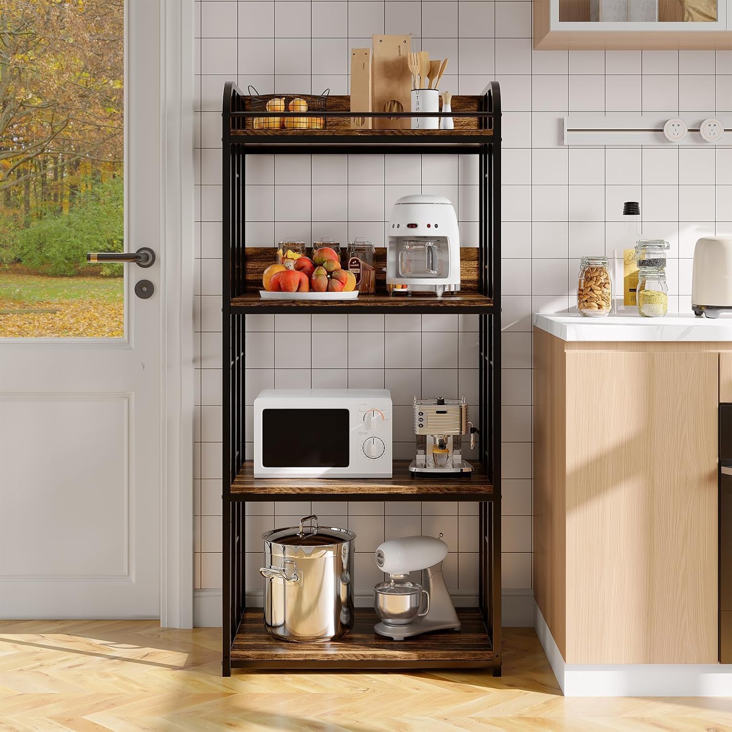 Kitchen Bakers Rack, 4-Tier Microwave Stand & Coffee Bar Station with Adjustable Shelves, Heavy-Duty Kitchen Storage Organizer for Spices, Pots & Pans, Rustic Brown