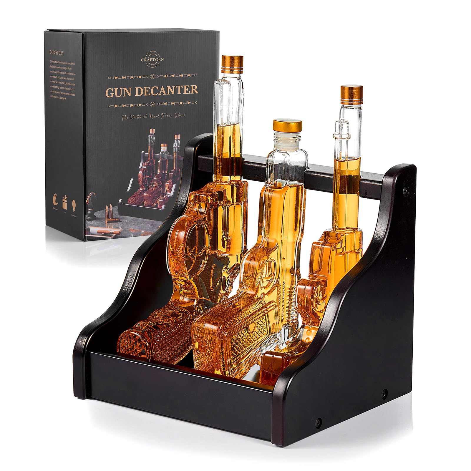 3 Gun Whiskey Decanter Set with Display Rack, Cool Birthday Gift Ideas for Men Dad Husband - Personalized Liquor Dispenser for Bourbon, Alcohol, Tequila, Whisky, Home Bar Drinking
