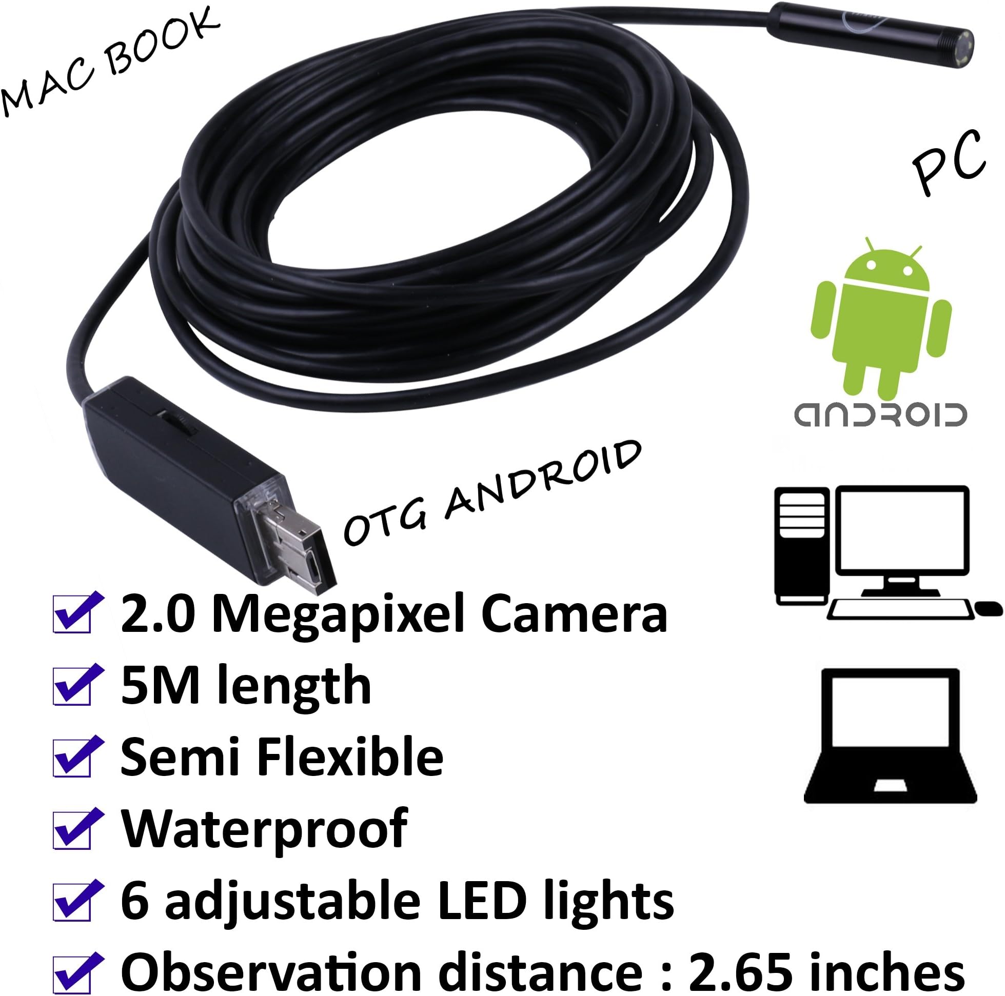 Ashmika OTG Inspection Camera, Endoscope Andriod Camera 2.0 Megapixel HD Borescope With Light, HD Waterproof Snake Camera For Android And PC, Micro USB Type B & 2.0-(5M)
