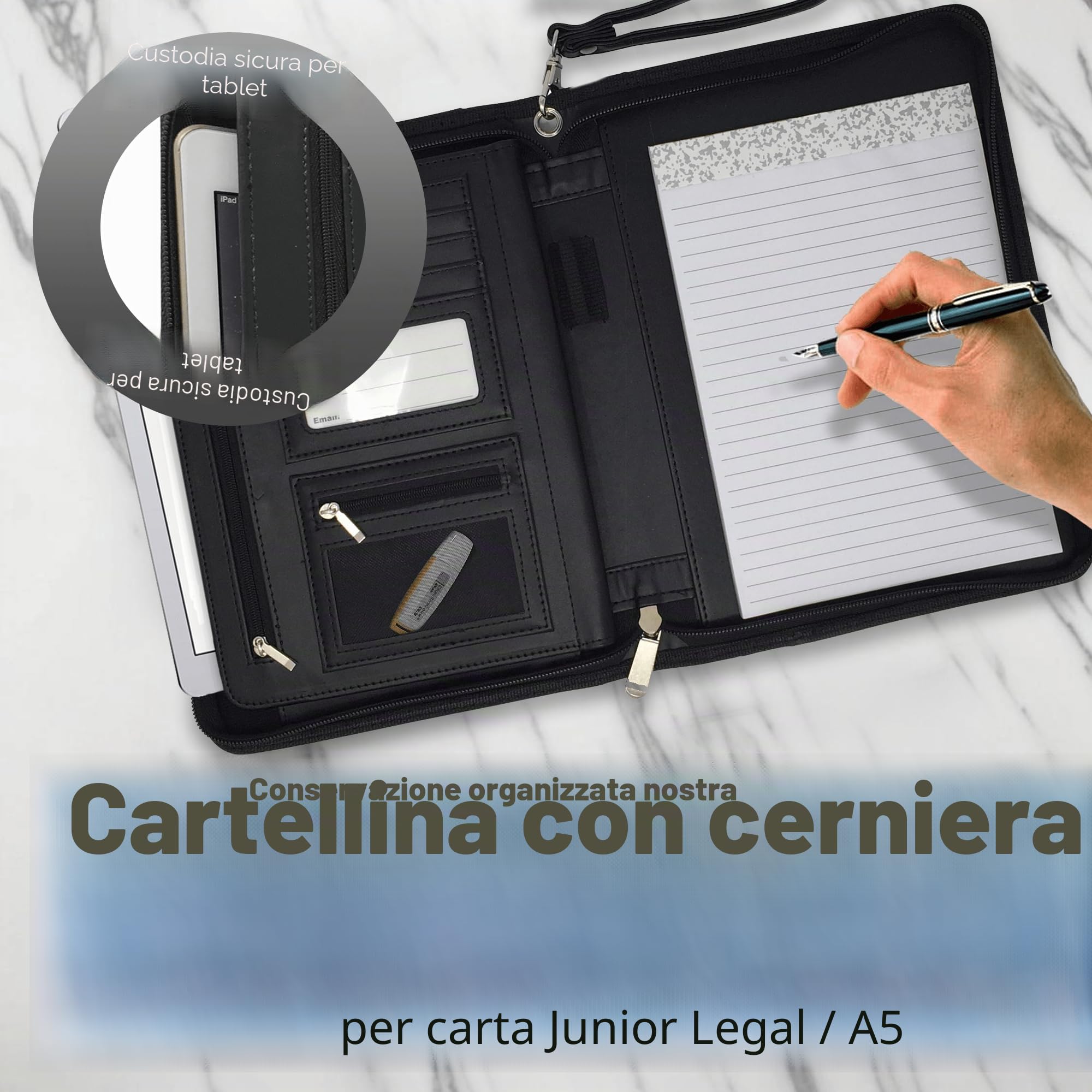 Piccolo scomparto con zip con blocco note junior - Raccoglitore ad anelli in pelle PU con scomparto per tablet da 20,3 cm di Lautus design Nero